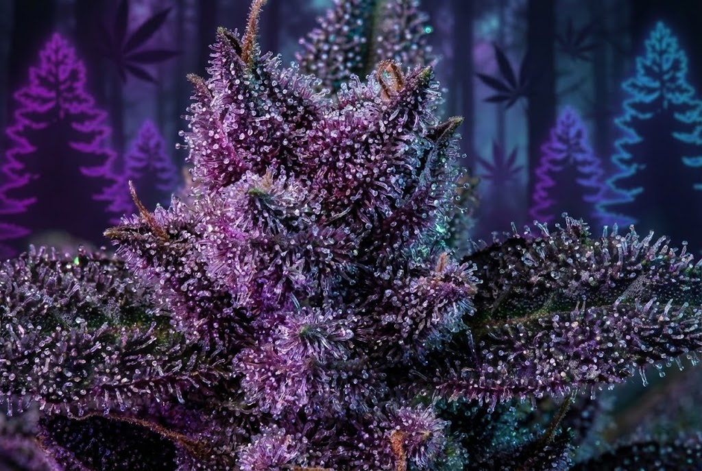 Close-up macro shot of cannabis trichomes on a purple flower bud, glistening and crystalline